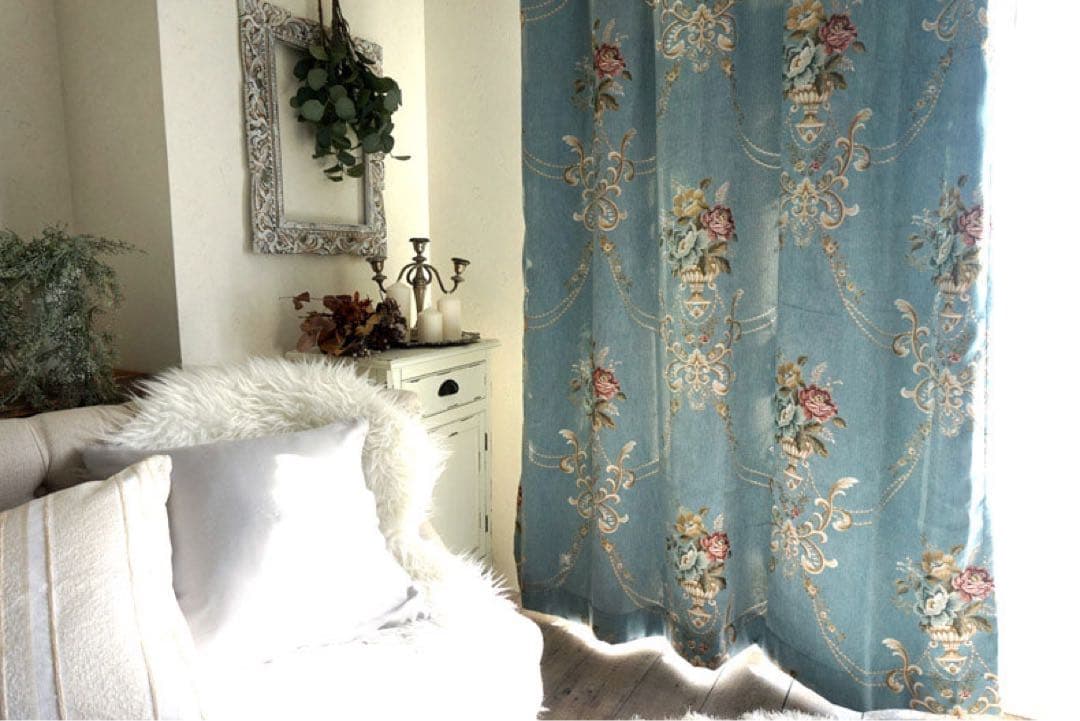 【元値¥14,800】ヨーロピアン高級感のある織柄カーテンブルー非遮光薔薇ローズ