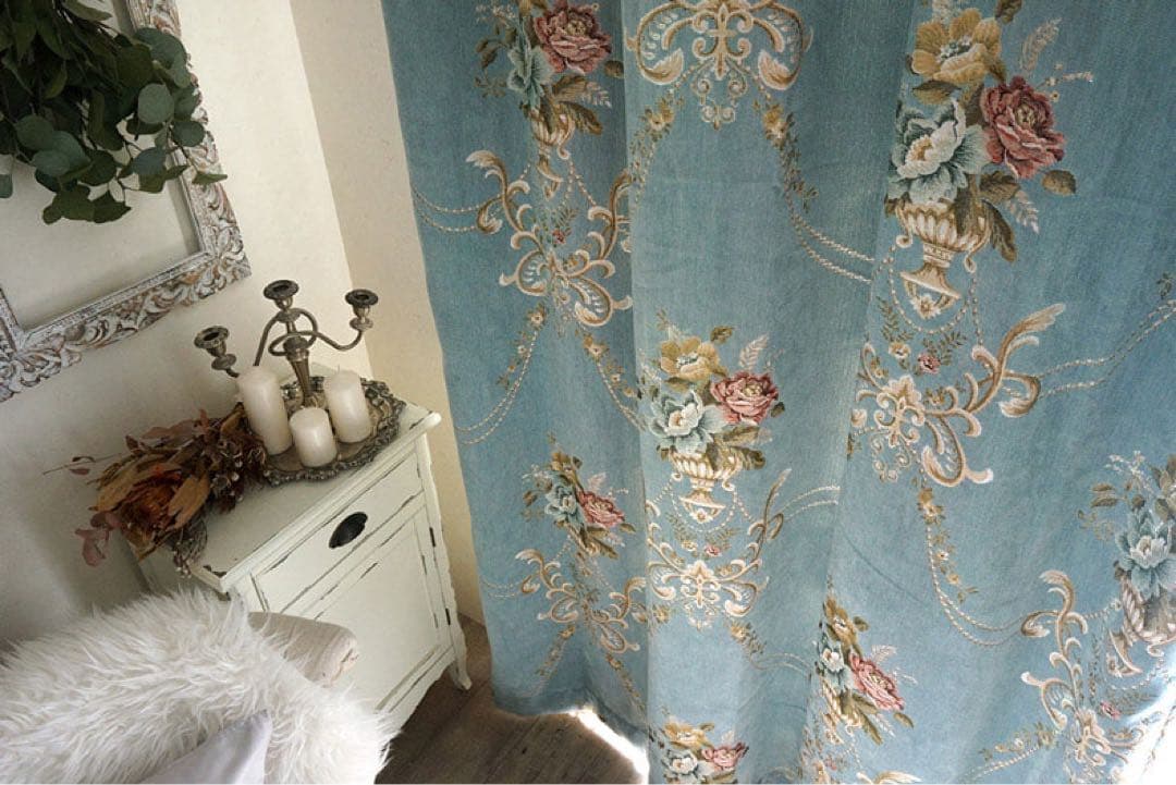 【元値¥14,800】ヨーロピアン高級感のある織柄カーテンブルー非遮光薔薇ローズ