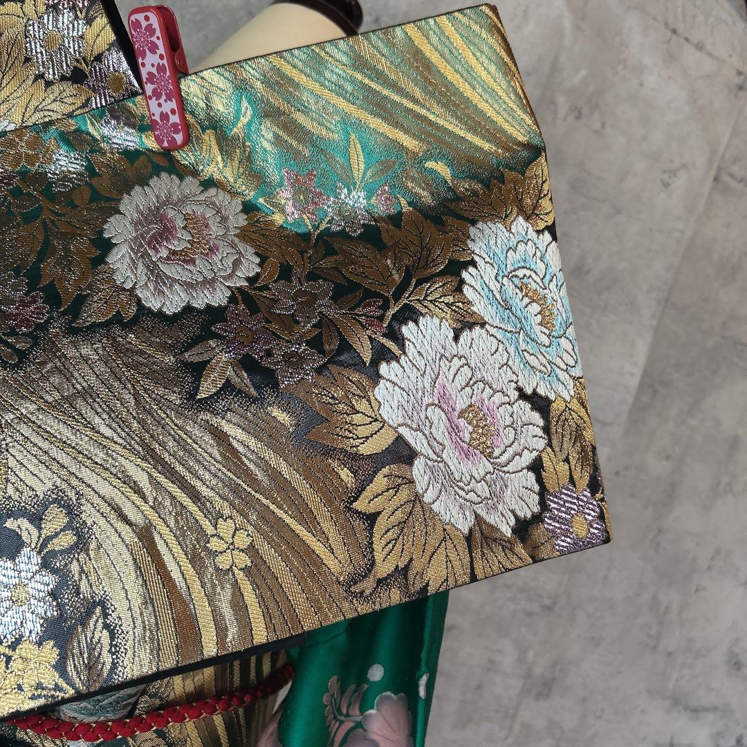 振袖　フルセット　辻が花　成人式　グリーン　ブラック　綸子　m5