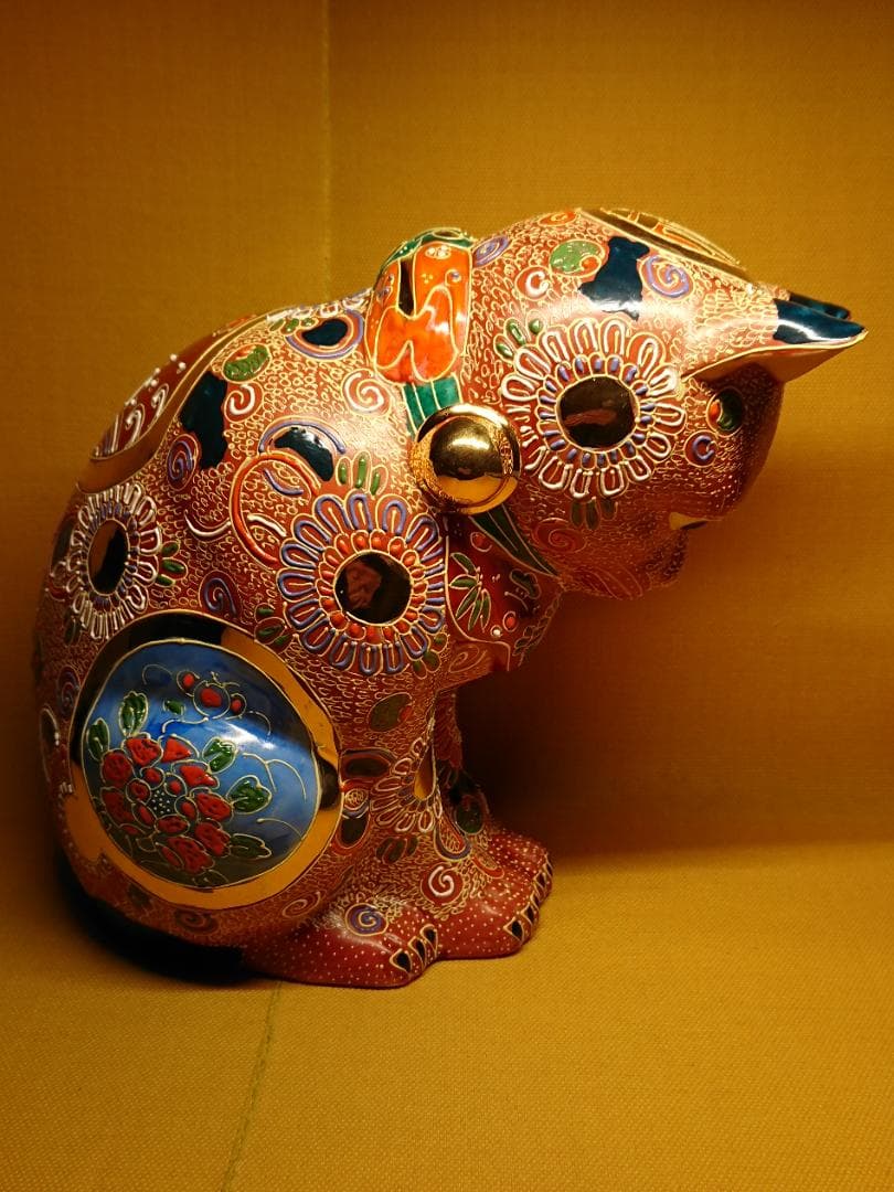 【美品】骨董　猫　陶器　九谷焼　置物　インテリア　工芸品　美術品　A2745