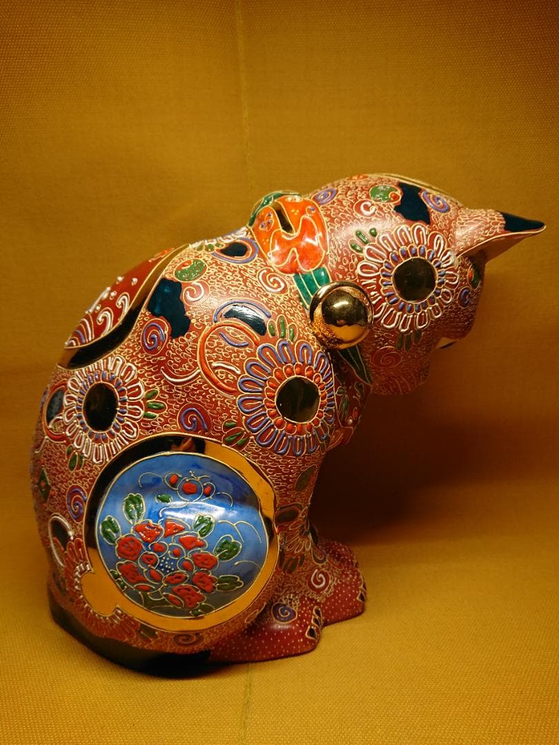 【美品】骨董　猫　陶器　九谷焼　置物　インテリア　工芸品　美術品　A2745