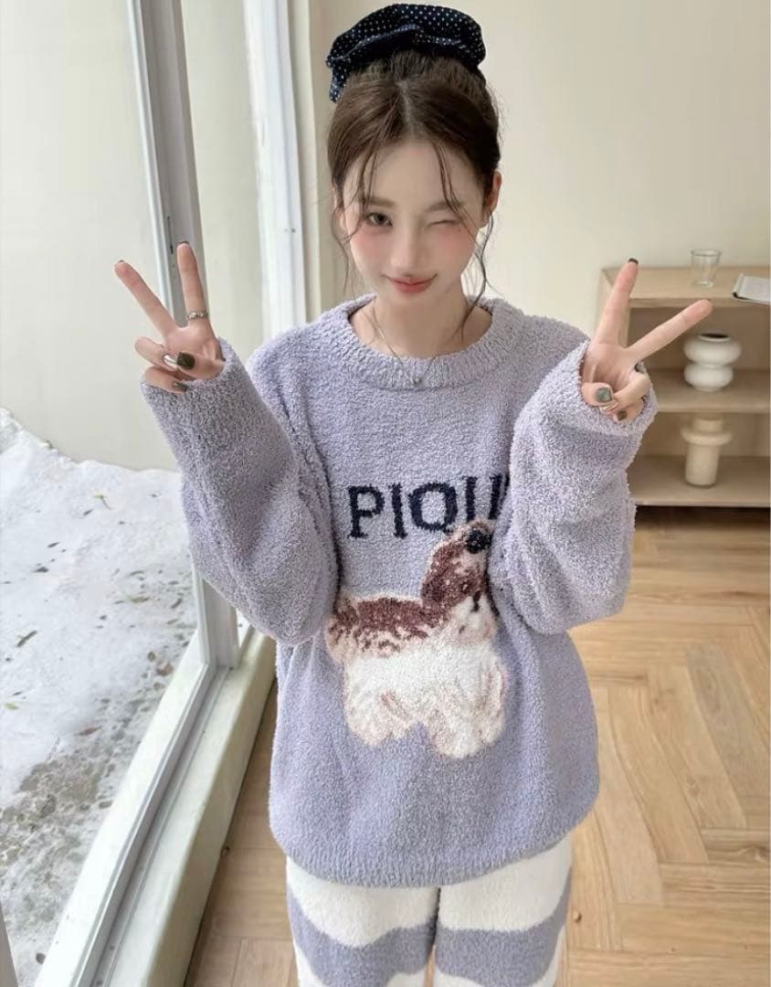 新品！ジェラピケお好きな方に！シーズーのプルオーバーふわもこ上下セットブルー