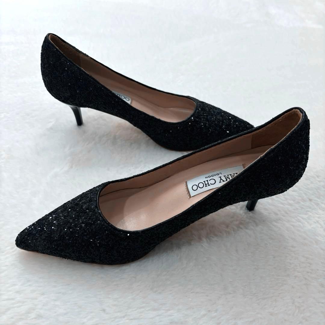 美品　ジミーチュウ　グリッター　パンプス　ラメ　ブラック　ポインテッドトゥ　37