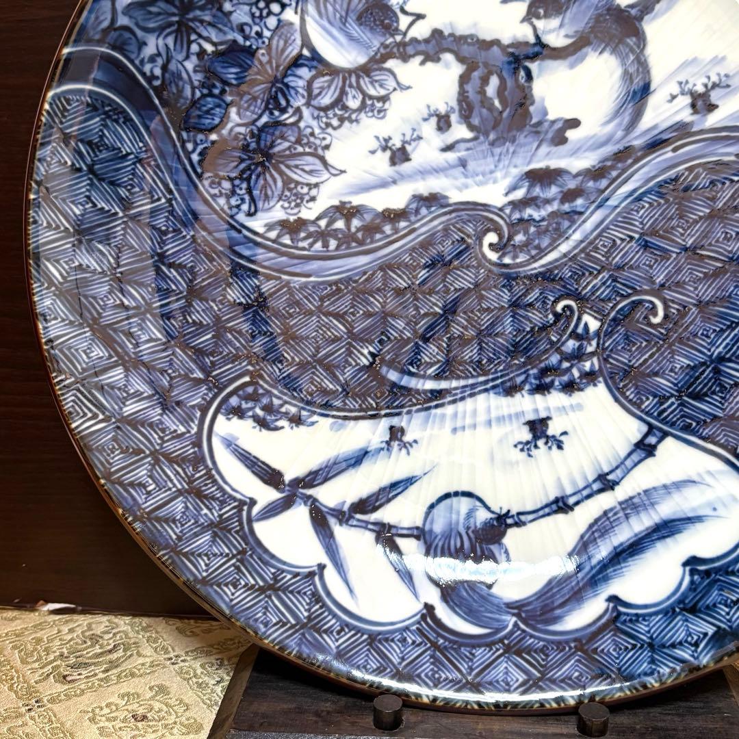 希少✨未使用保管✨京焼 清水焼 加藤利昌 青華祥瑞花鳥 10号皿 箱入✨飾皿 皿