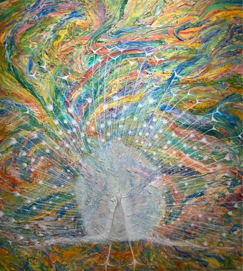 絵　絵画　白孔雀　春の訪れ　縁起が良い　多色の抽象画 大きなキャンバス作品