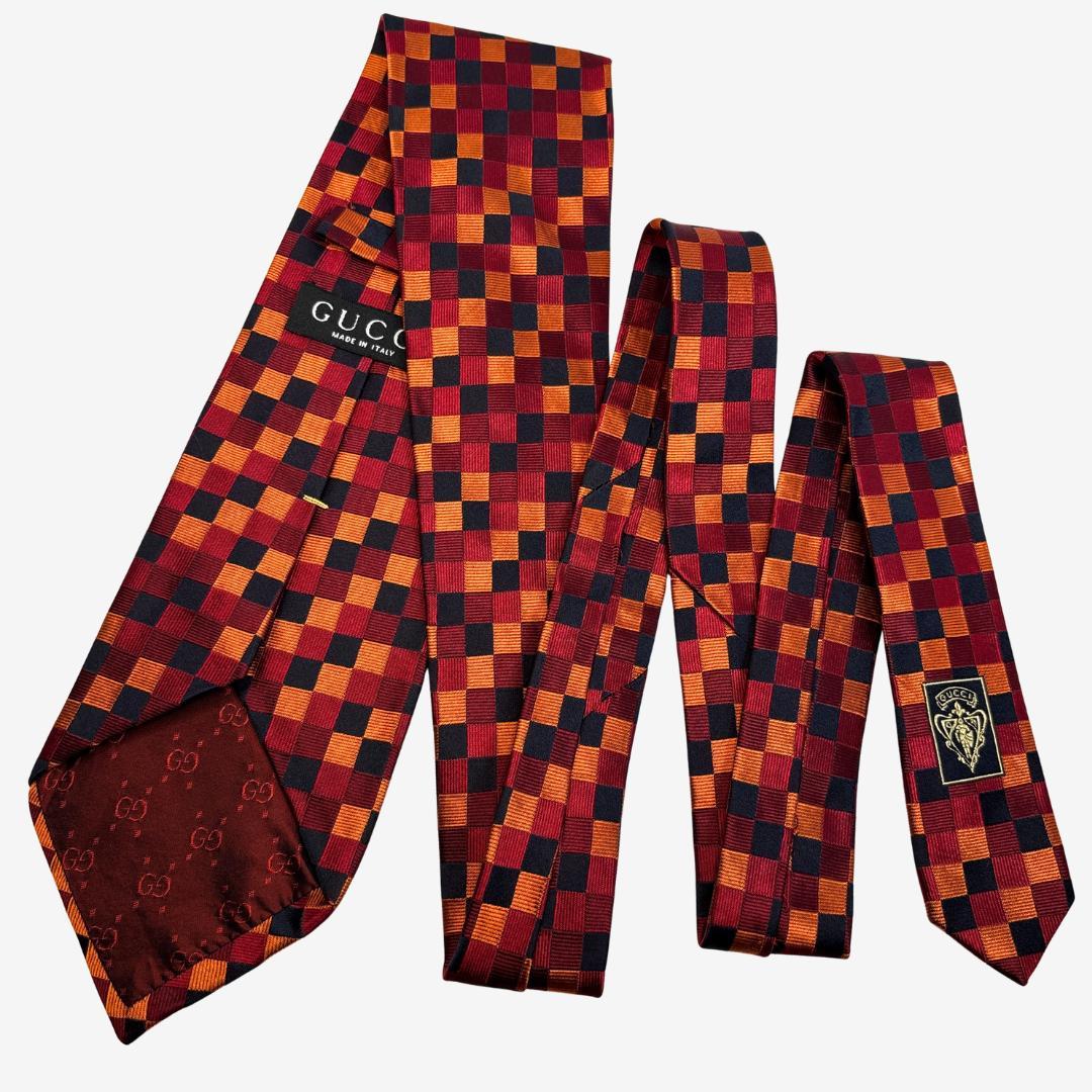 GUCCI シルクネクタイ チェック柄 レッド×オレンジ