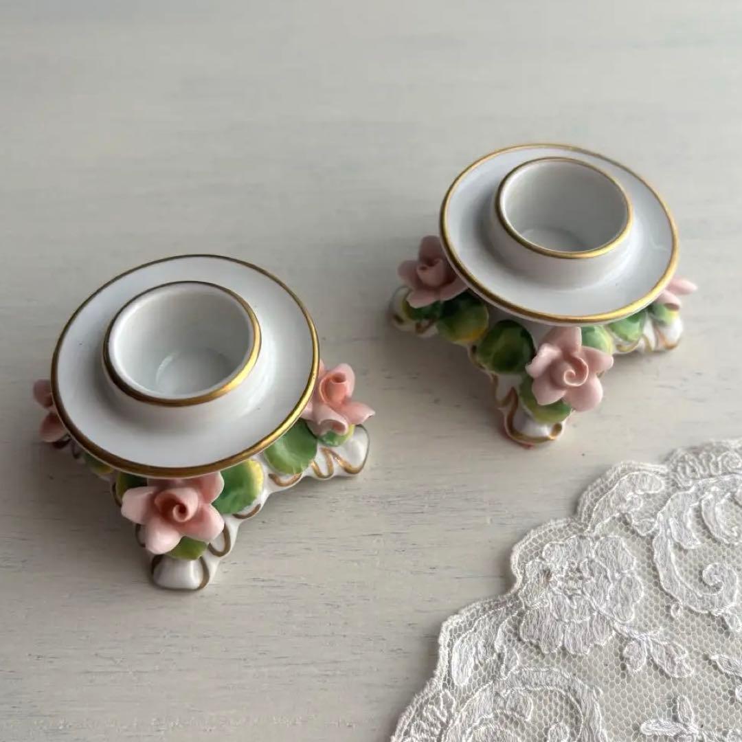 【美品】西ドイツ Dresden 陶磁器 バラ キャンドルスタンド ピンク 金彩