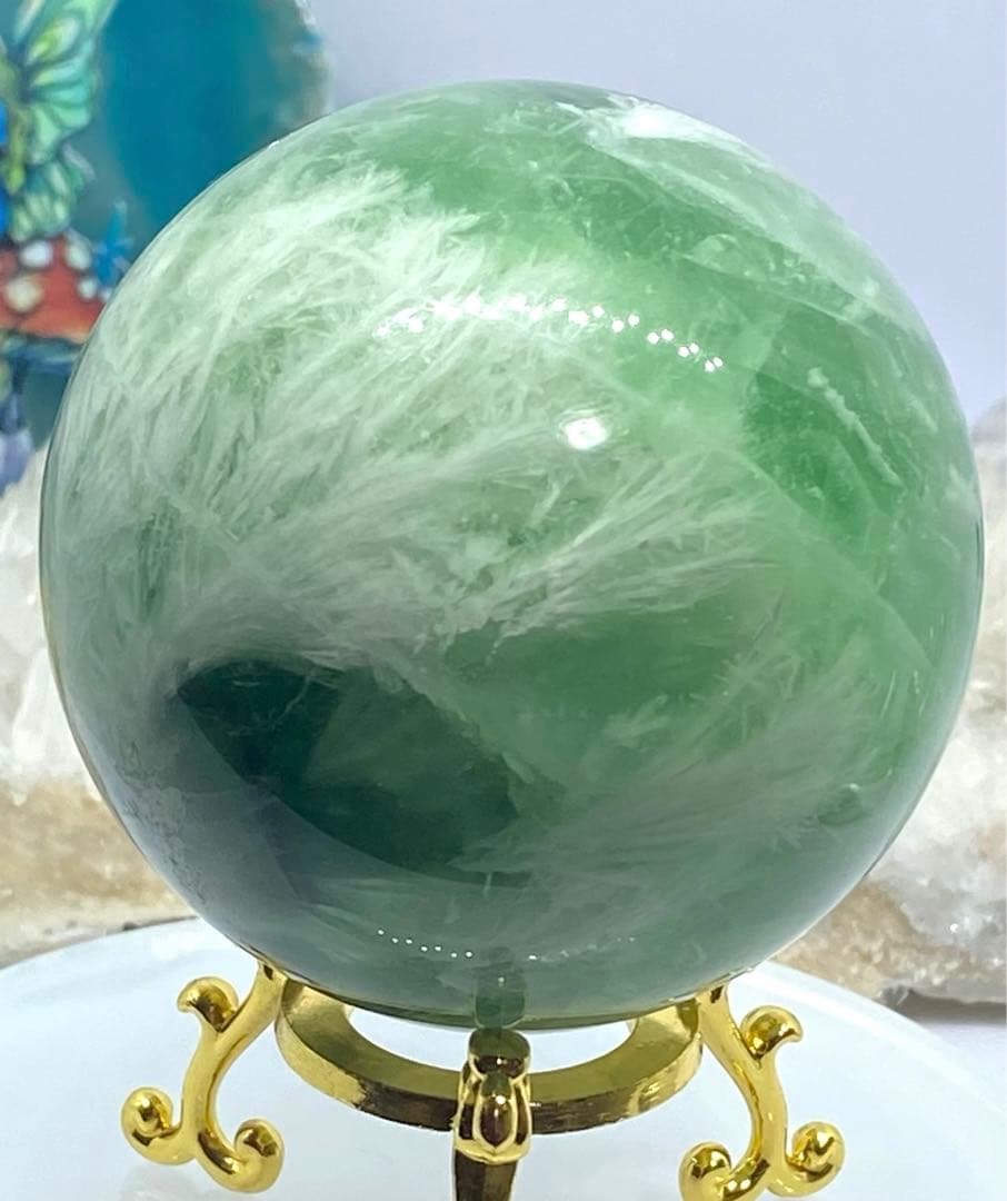 セール　虹入り　エンジェルフェザーフローライト　スフィア　置き物　風水