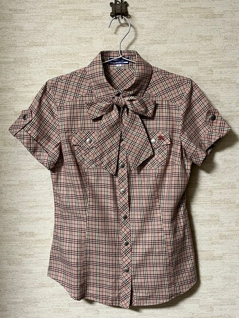 バーバリーブルーレーベル ピンクノバチェック 半袖シャツ　リボンボウタイ　美品✨
