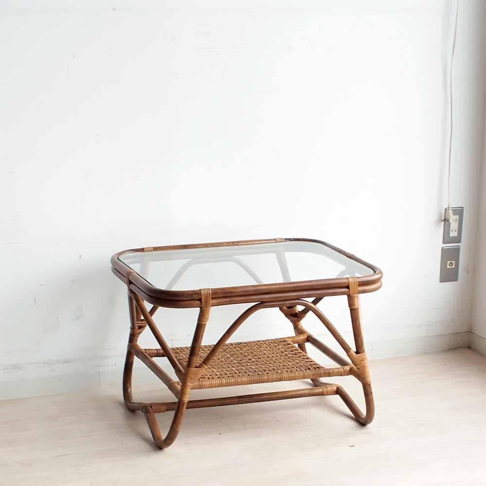 ビンテージ ラタンのコーヒーテーブル ガラス天板 籐 レトロ ZR24200