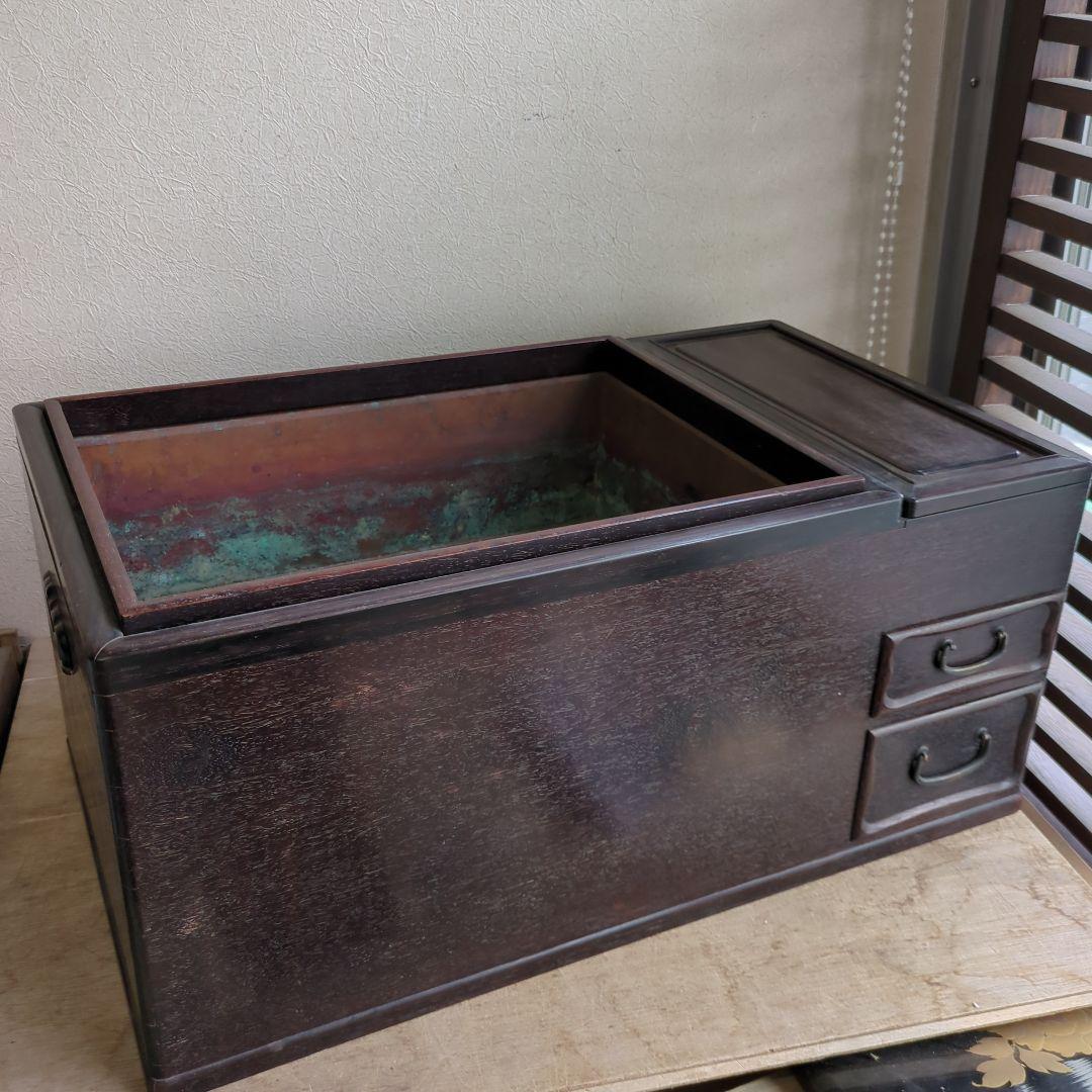 骨董 長火鉢 火鉢 関東火鉢 木製 内側銅器 アンティーク テーブル
