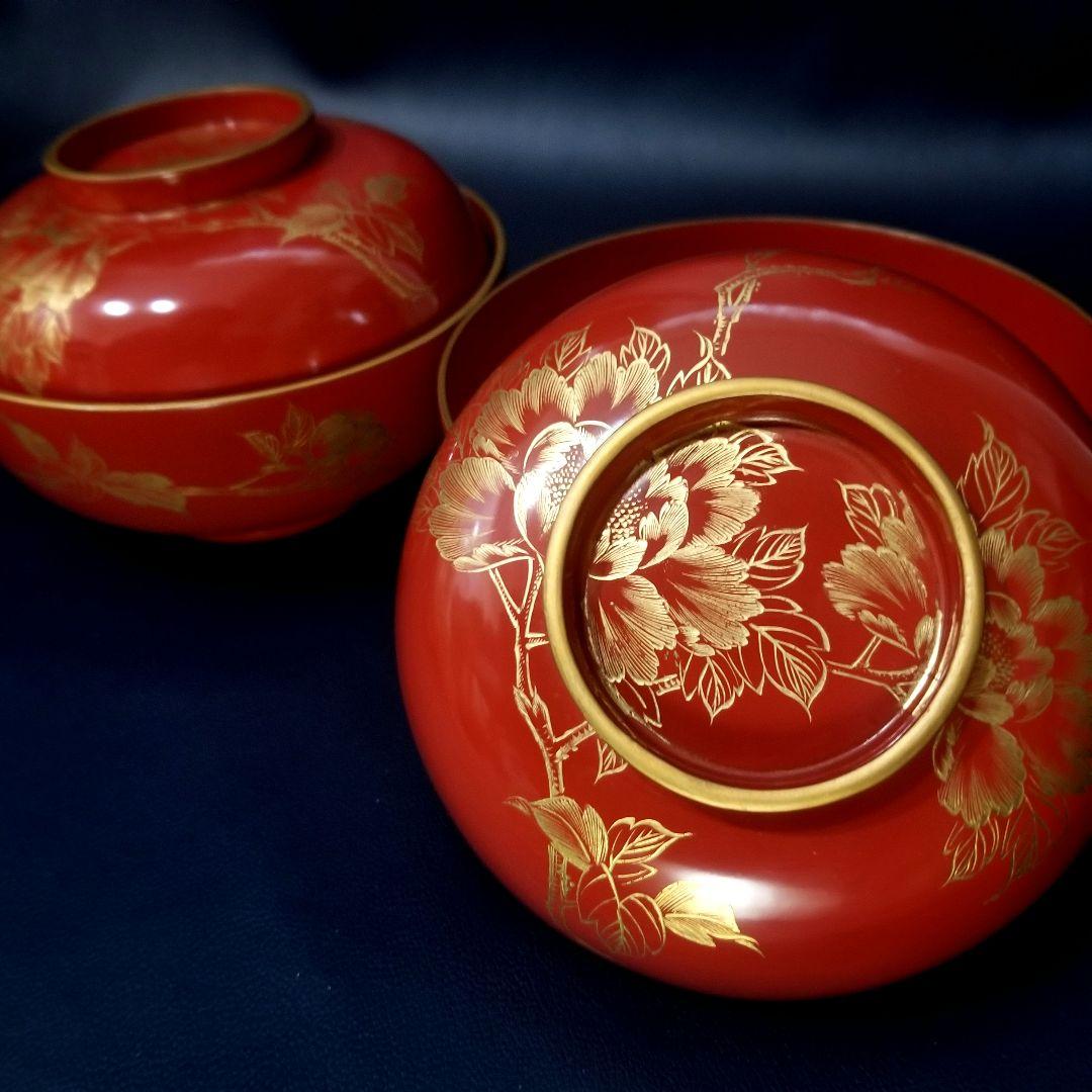 輪島塗 吸物椀 朱塗 沈金牡丹花文 吸物椀 煮物椀 懐石椀 2客