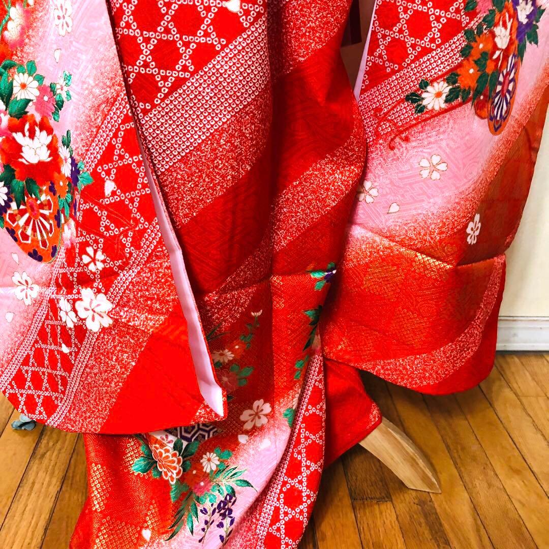 豪華7歳完全フルセット⭐︎人気赤地暈し絞り柄⭐︎花車金彩煌びやか逸品