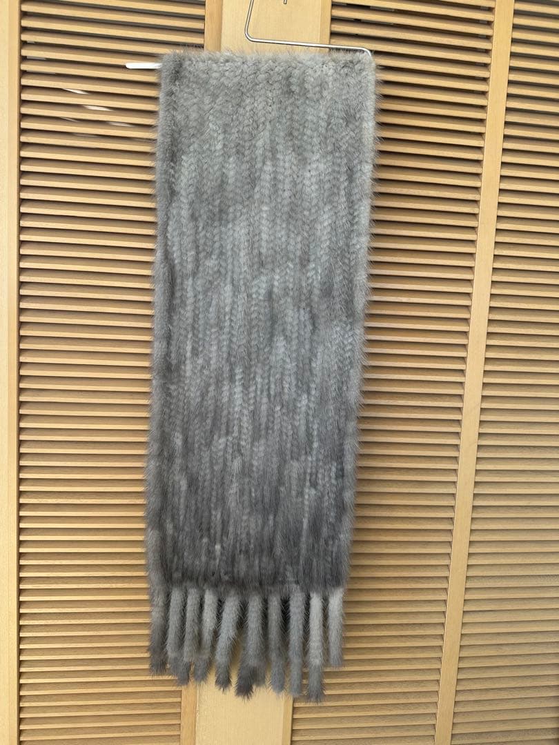 毛皮ミンク ショール フリンジ付き ストール ホワイトグレー系