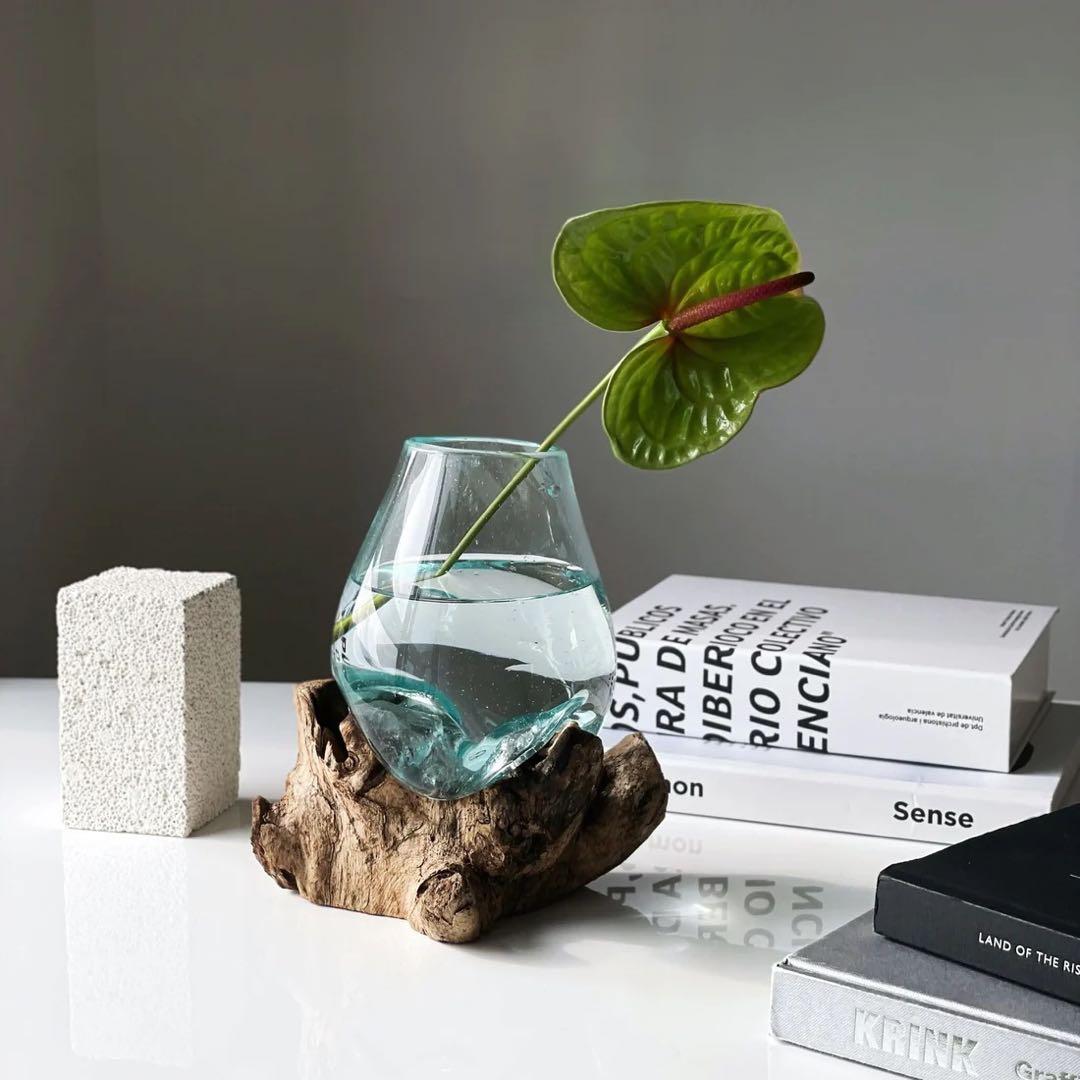 ガラス花瓶 木製台座付き