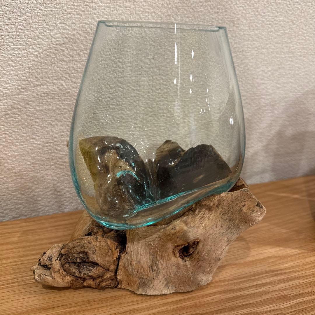 ガラス花瓶 木製台座付き