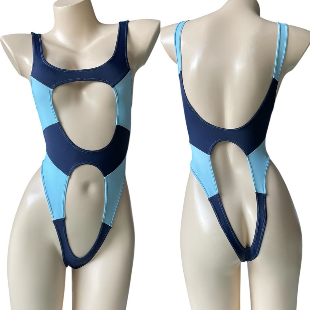 レオタード　パステルブルー×ネイビー