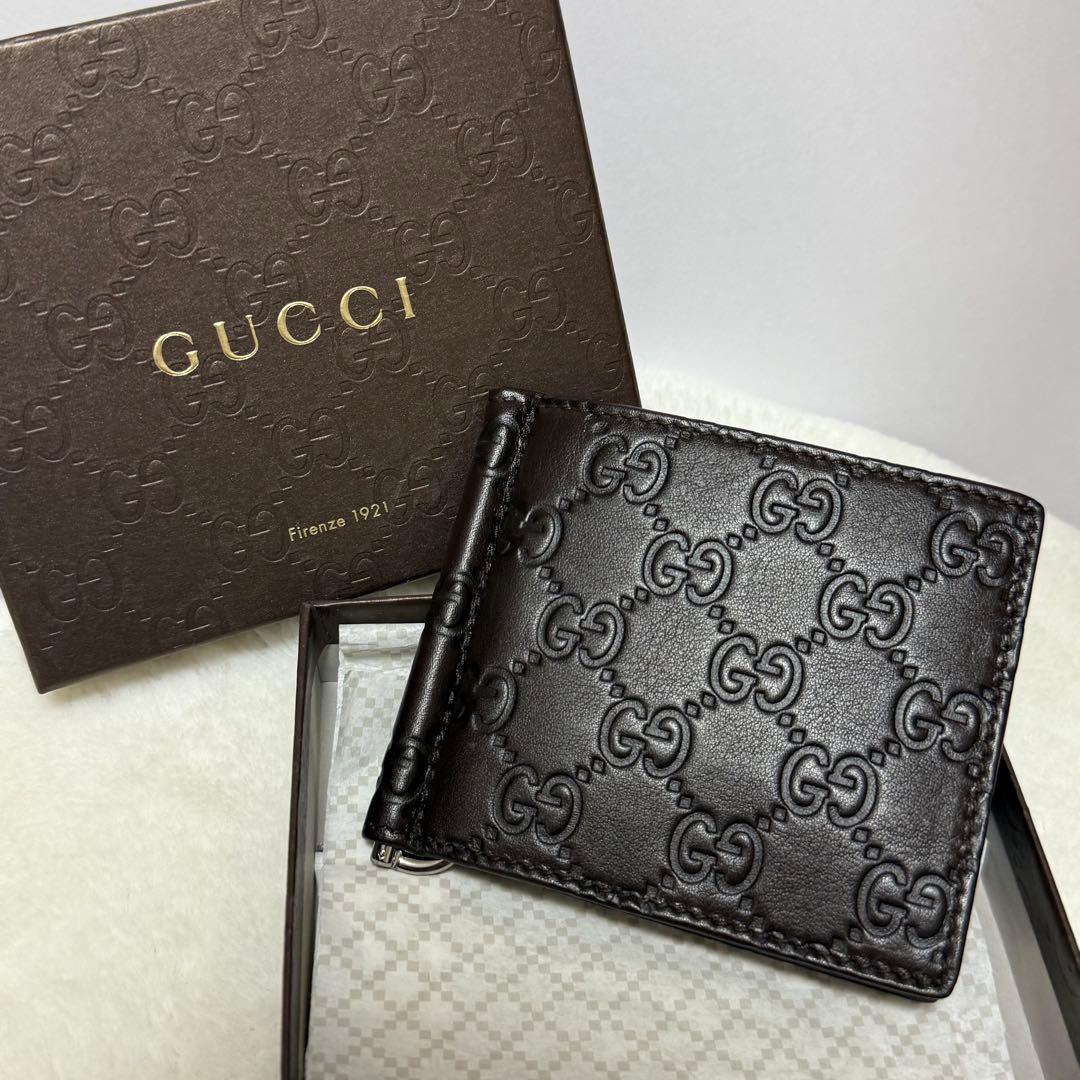 専用新品 Gucci GGシマ マネークリップ ブラウン ロゴ 箱付き