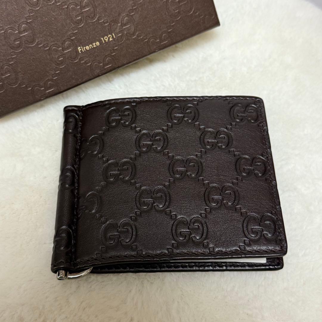 専用新品 Gucci GGシマ マネークリップ ブラウン ロゴ 箱付き