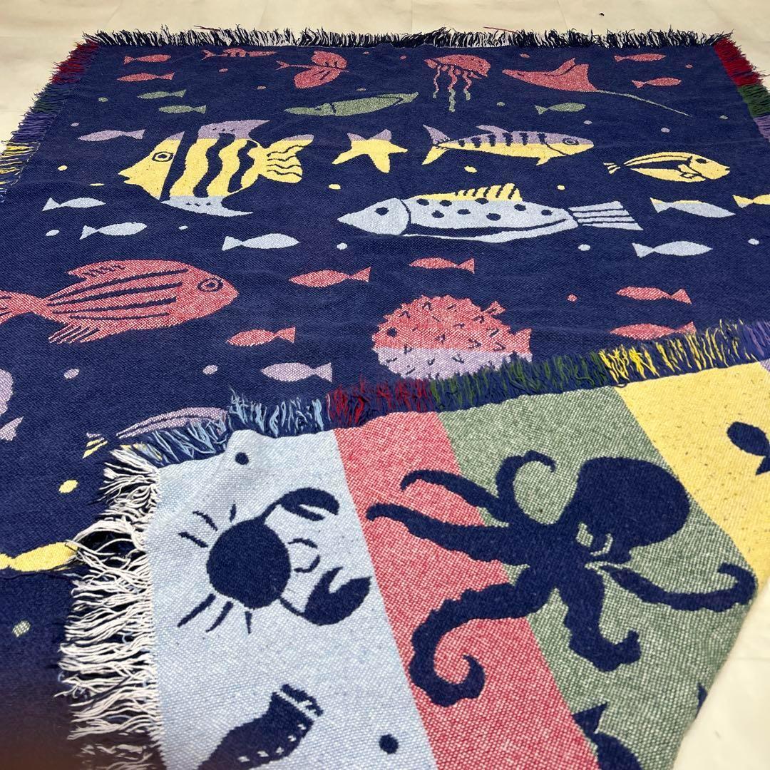 魚　海　マルチカバー　ソファーカバー　ヴィンテージラグ　176x121