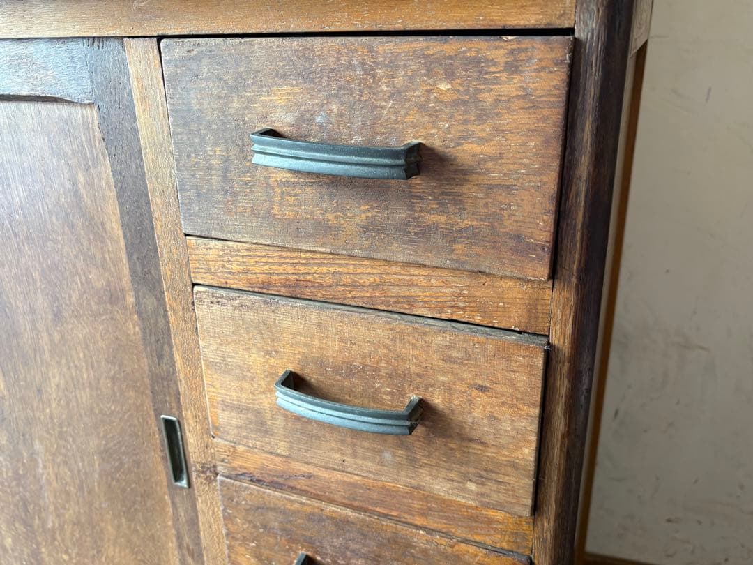 ダイヤガラス 作業台付き　レトロ 木製 キャビネット 水屋 食器棚 アンティーク