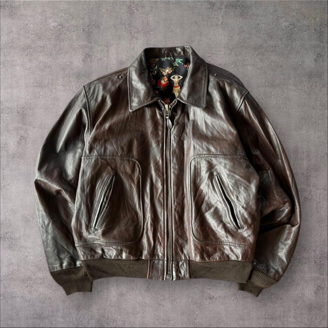 CHIPIE CUIR A-2typeレザージャケット　総柄裏地　ダークブラウン