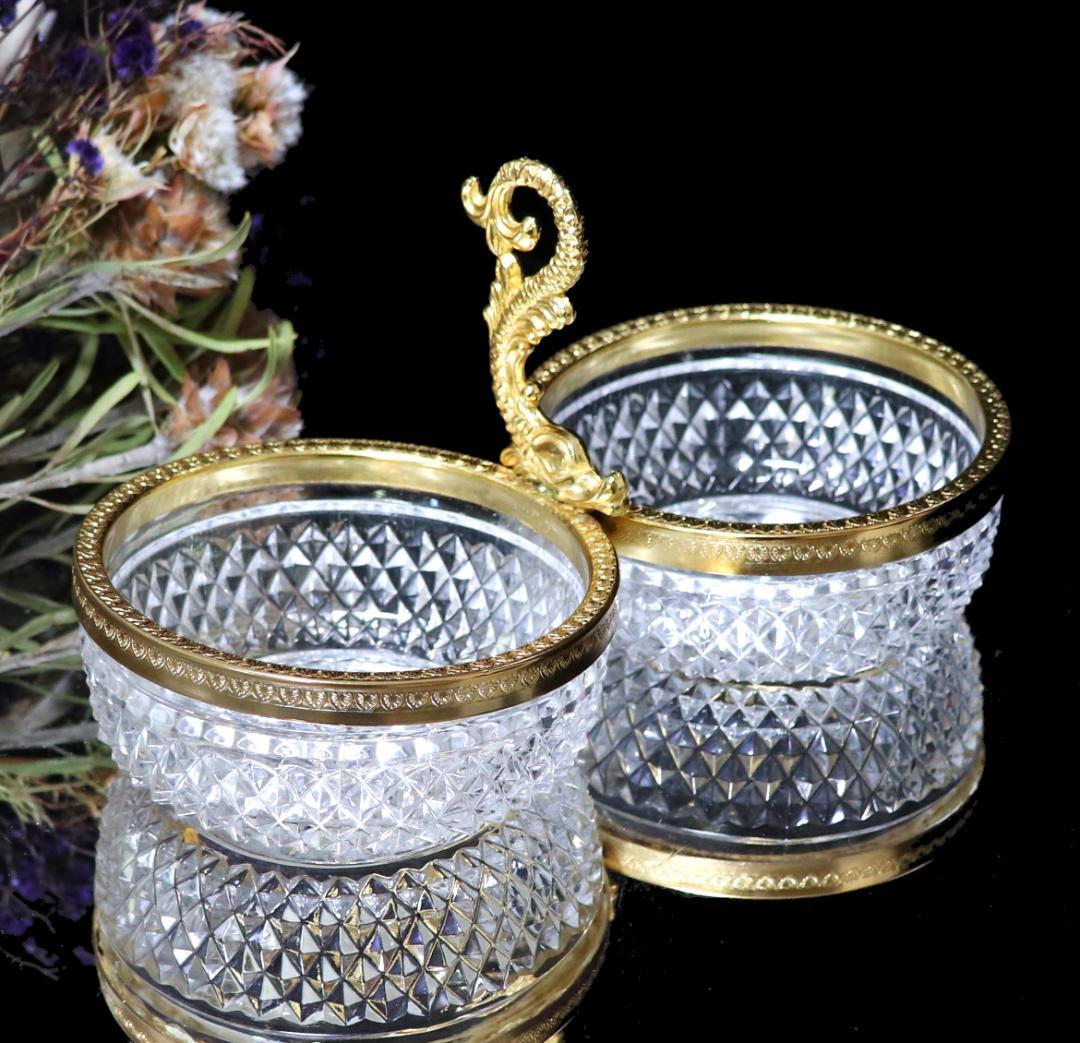 オールド・バカラ 大型 ブロンズ装飾 ドルフィン ハンドル付ボウル ディアマン