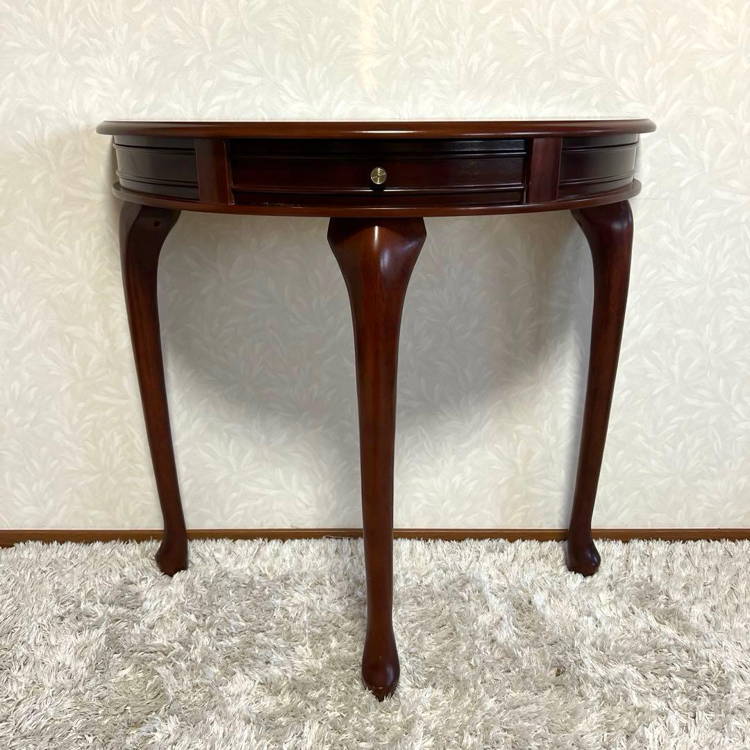 きつねうどん様コンソールテーブル引き出し付き　猫脚ハーフムーン半円花台