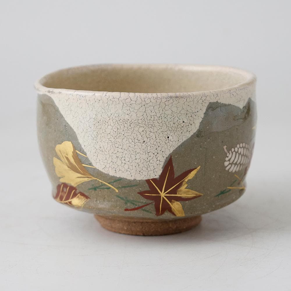 水無月窯 藤谷芳哉 白入掛 色絵吹寄せ 茶碗 紅葉文 共箱 栞