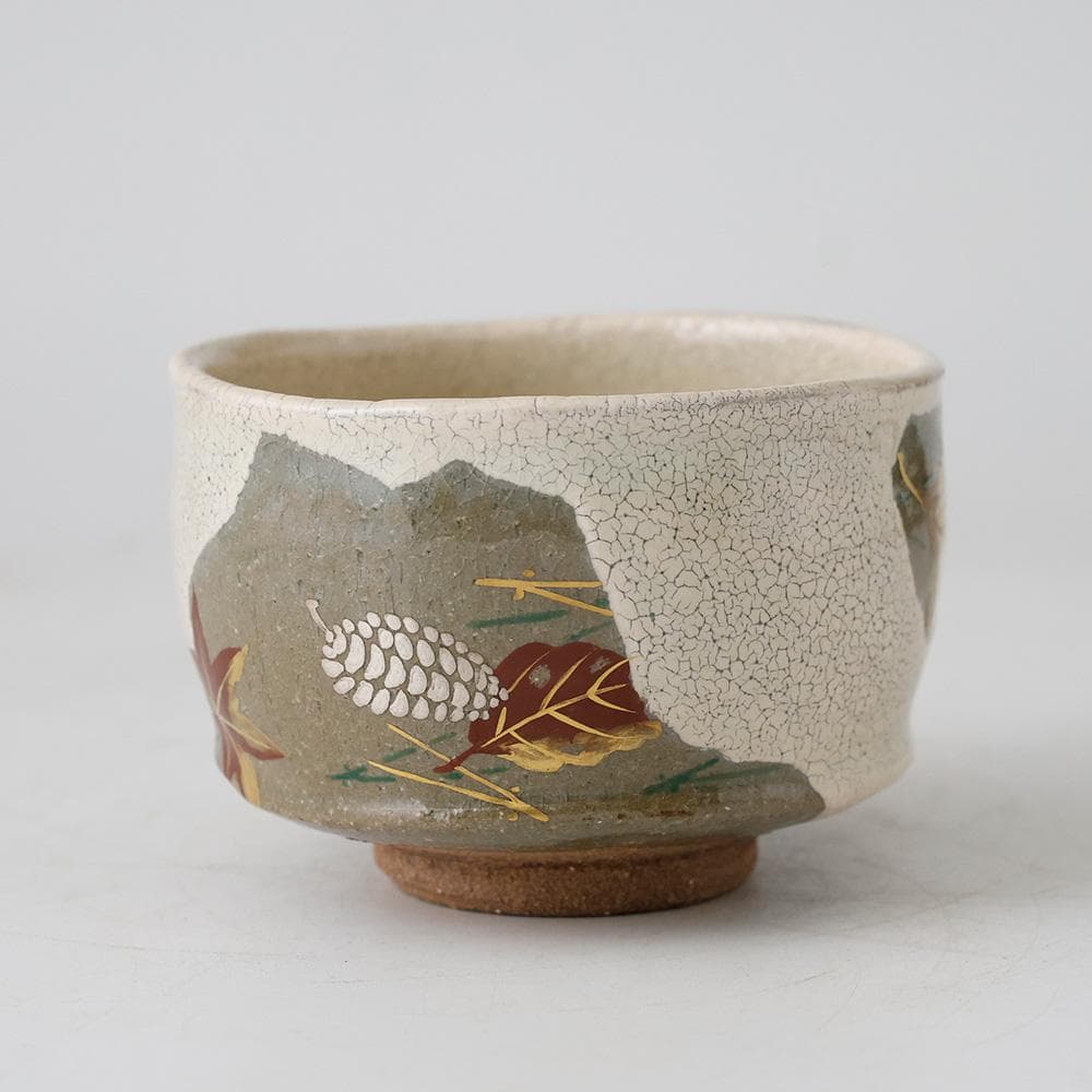 水無月窯 藤谷芳哉 白入掛 色絵吹寄せ 茶碗 紅葉文 共箱 栞