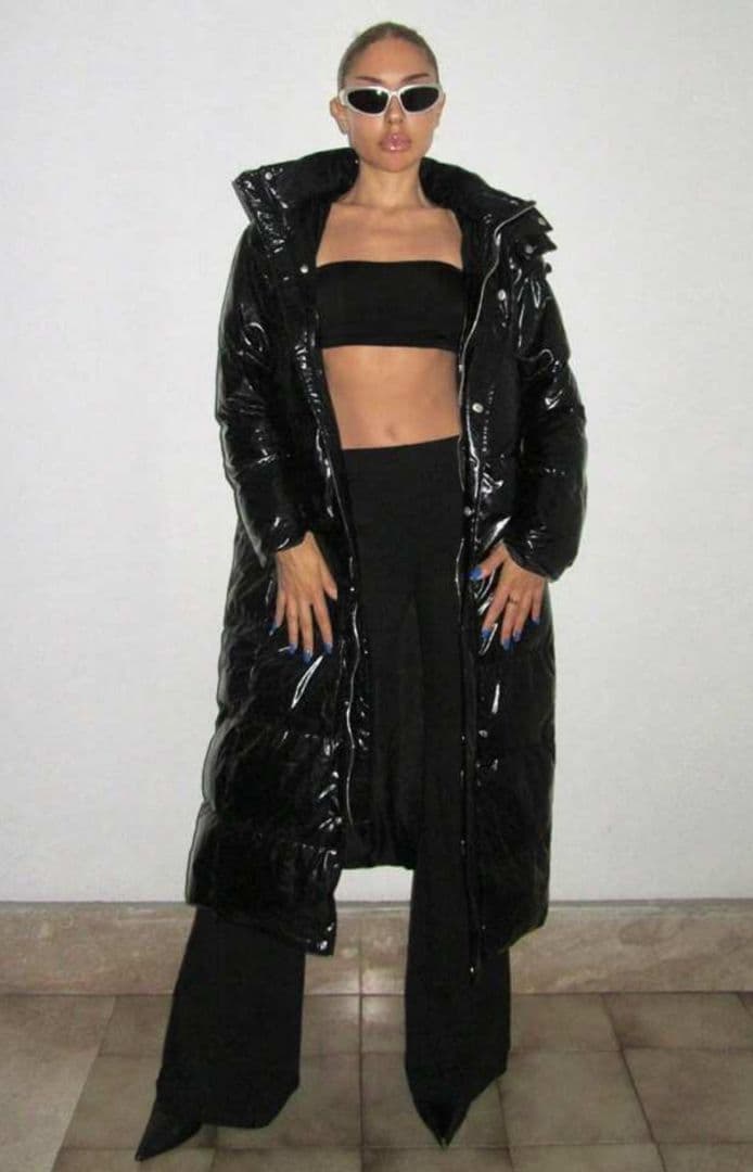 新品　カッコいい　エナメル　光沢　ブラック　ロング　ダウン　ユニセックス