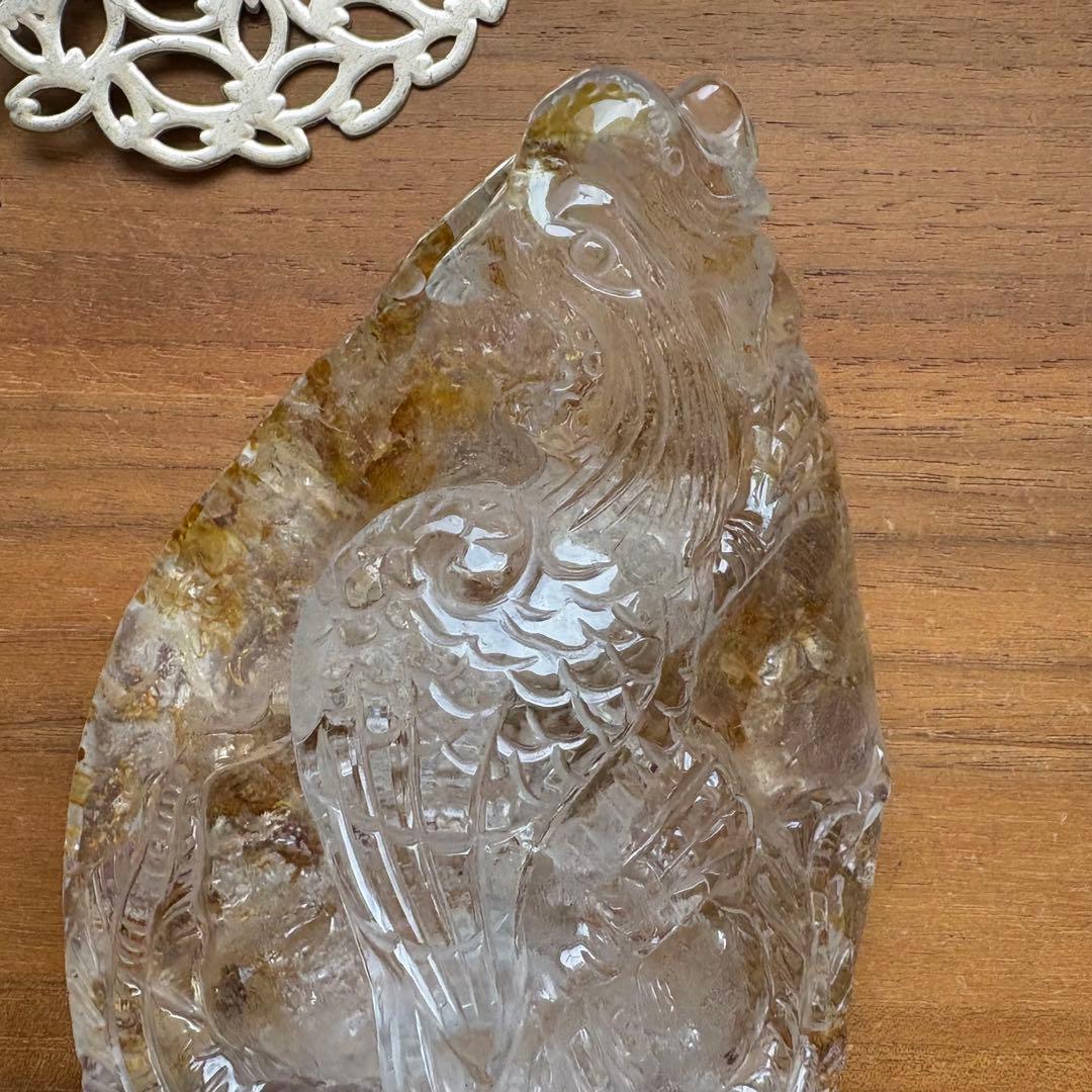 天然石 ゴールデンヒラー共生水晶 鳳凰 置物663g