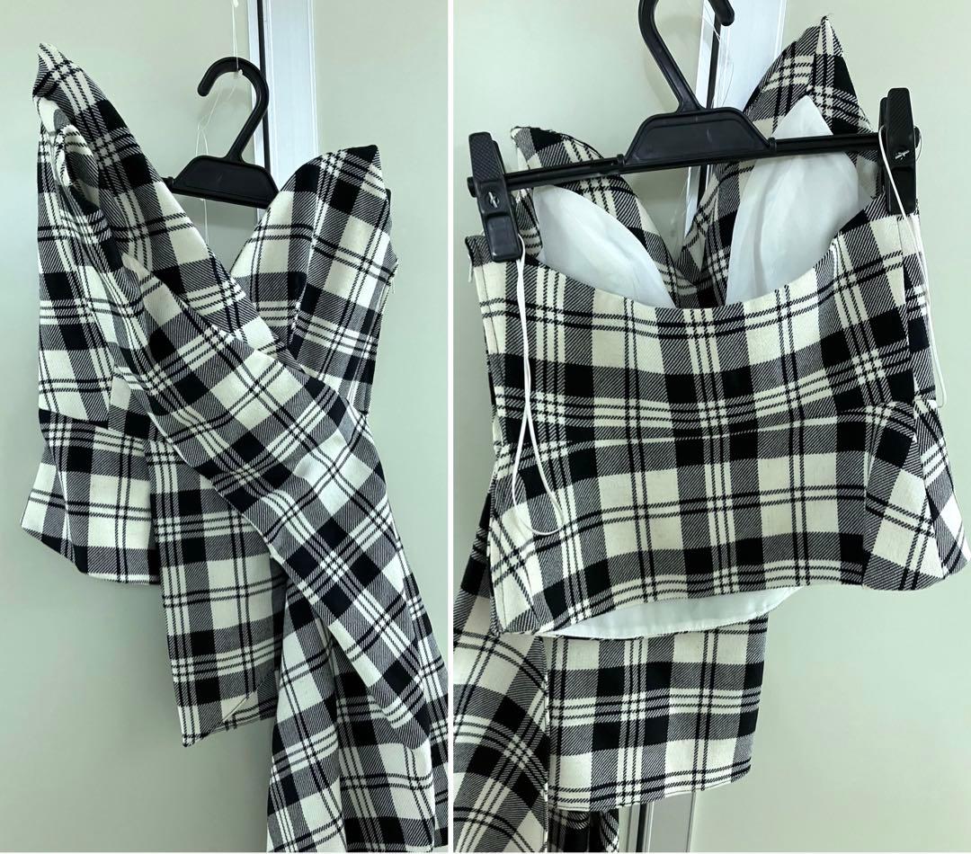 【MONSE】白×黒タータンチェック アシンメトリー ヘム ドレープ ビスチェ