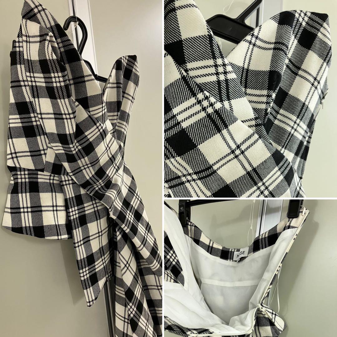 【MONSE】白×黒タータンチェック アシンメトリー ヘム ドレープ ビスチェ