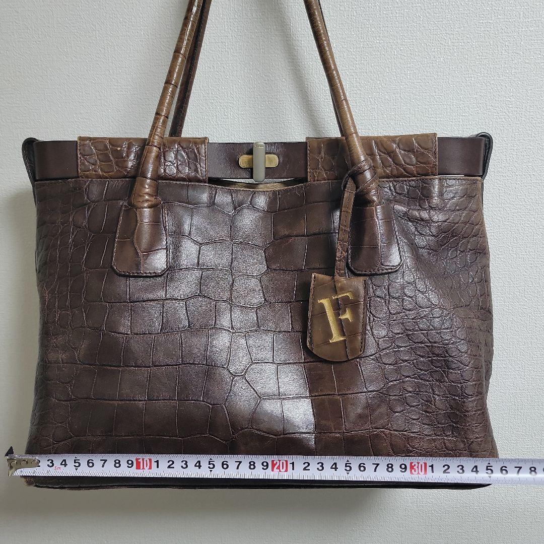 FURLA クロコダイル 型押し レザートートバッグ Fロゴ ブラウン 本革
