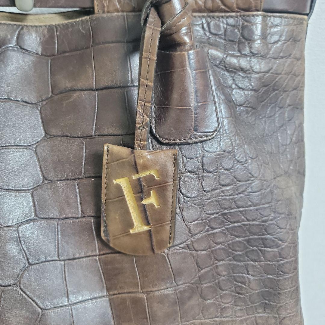 FURLA クロコダイル 型押し レザートートバッグ Fロゴ ブラウン 本革