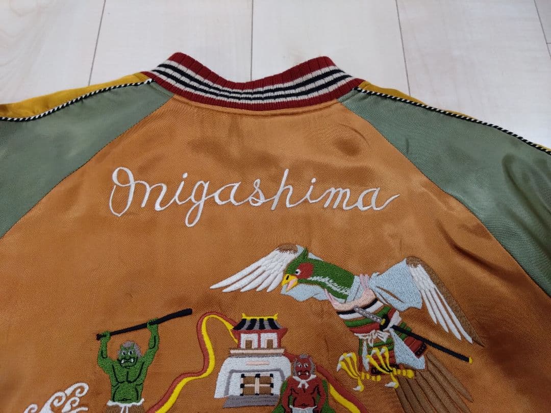 フェローズ匠 スカジャン【鬼ヶ島】サテン（オレンジ/グラス/ゴールド）中綿入り