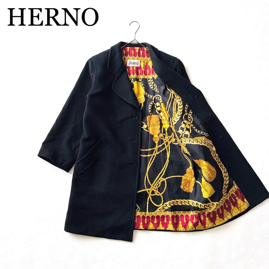 2508Z 美品 ヘルノ 裏地総柄コート カシミヤ混 ロング スカーフ柄 黒