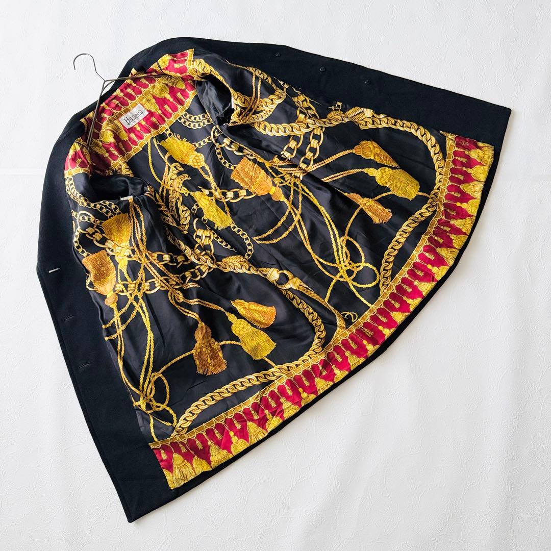 2508Z 美品 ヘルノ 裏地総柄コート カシミヤ混 ロング スカーフ柄 黒