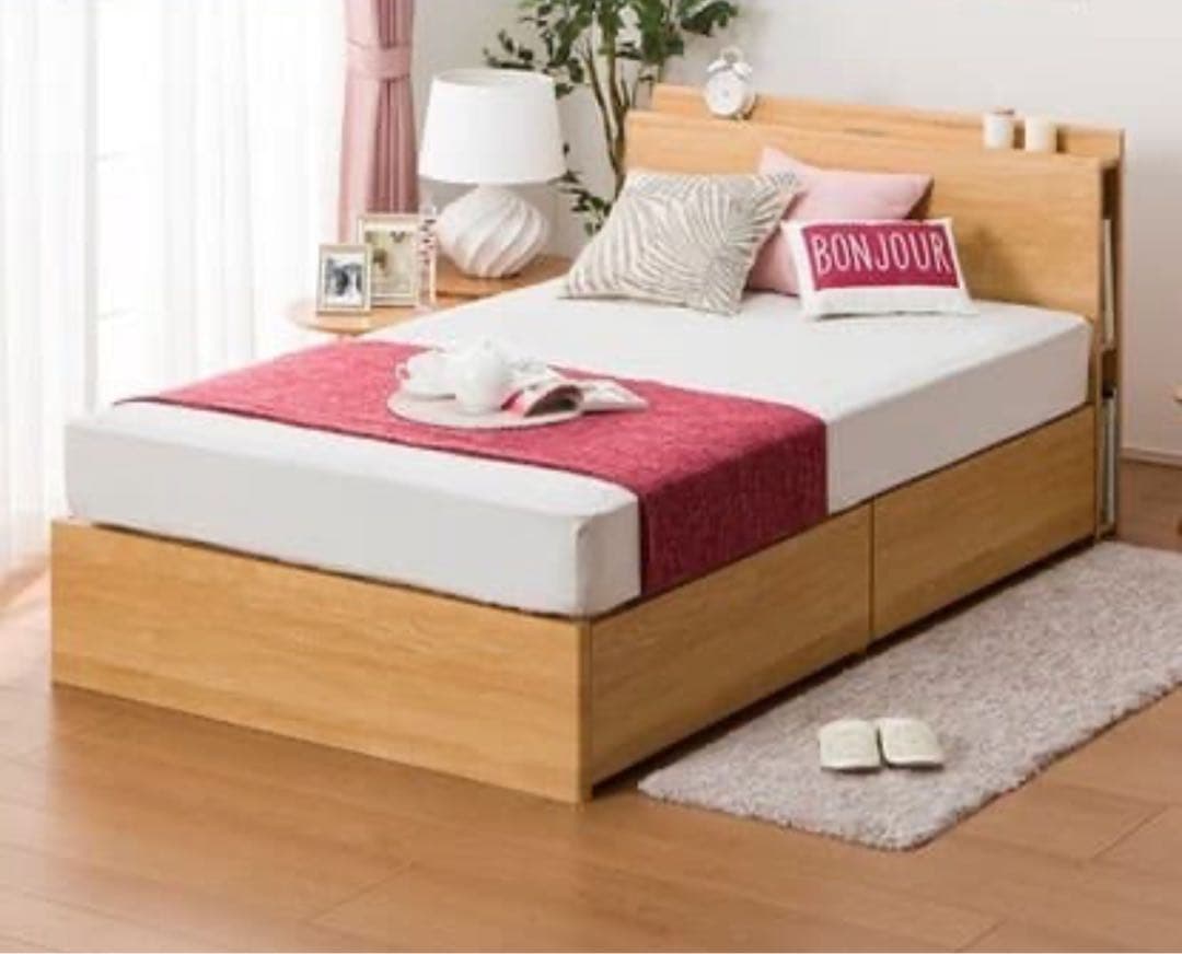 都内配送相談)木製ダブルベッドフレーム＆マットレス 引き出付(解体・受取値下げ！