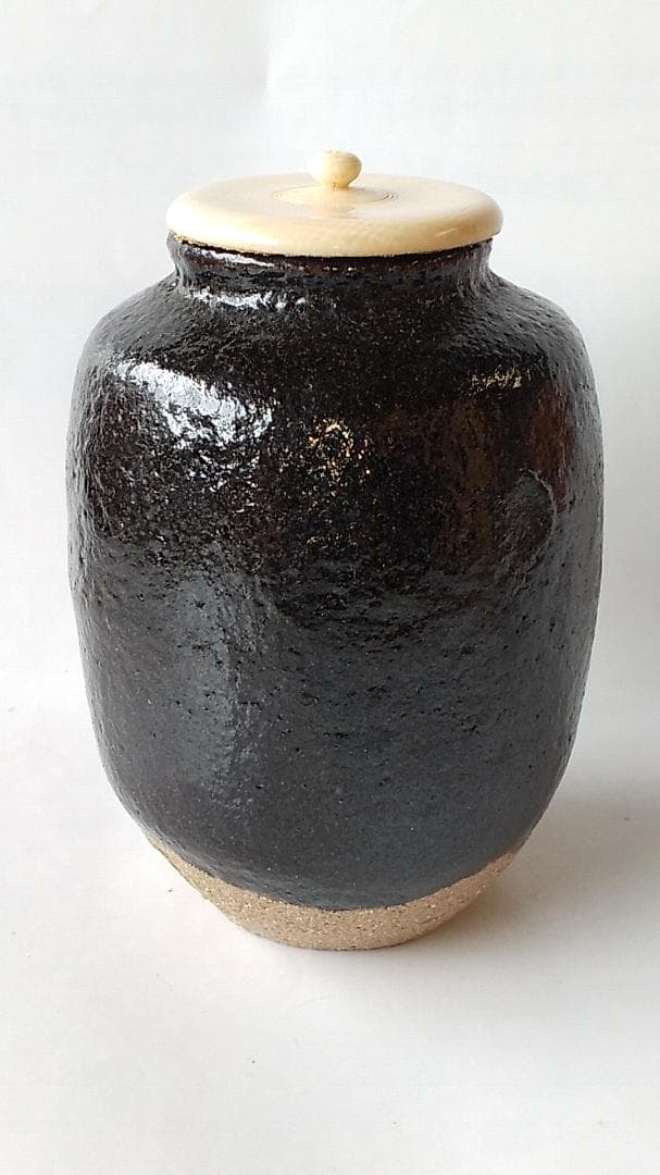 希少品 楽焼 吉村楽入 作 黒楽 茶入 仕覆 鶏頭大燈古金襴 茶道具 共箱 新品