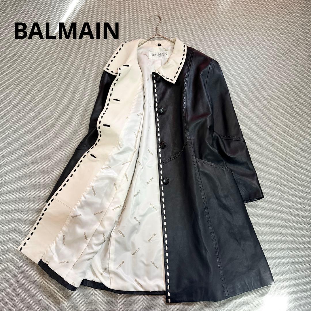 美品 BALMAIN 高級ラムレザー ロングコート モノトーン 白黒 2XL
