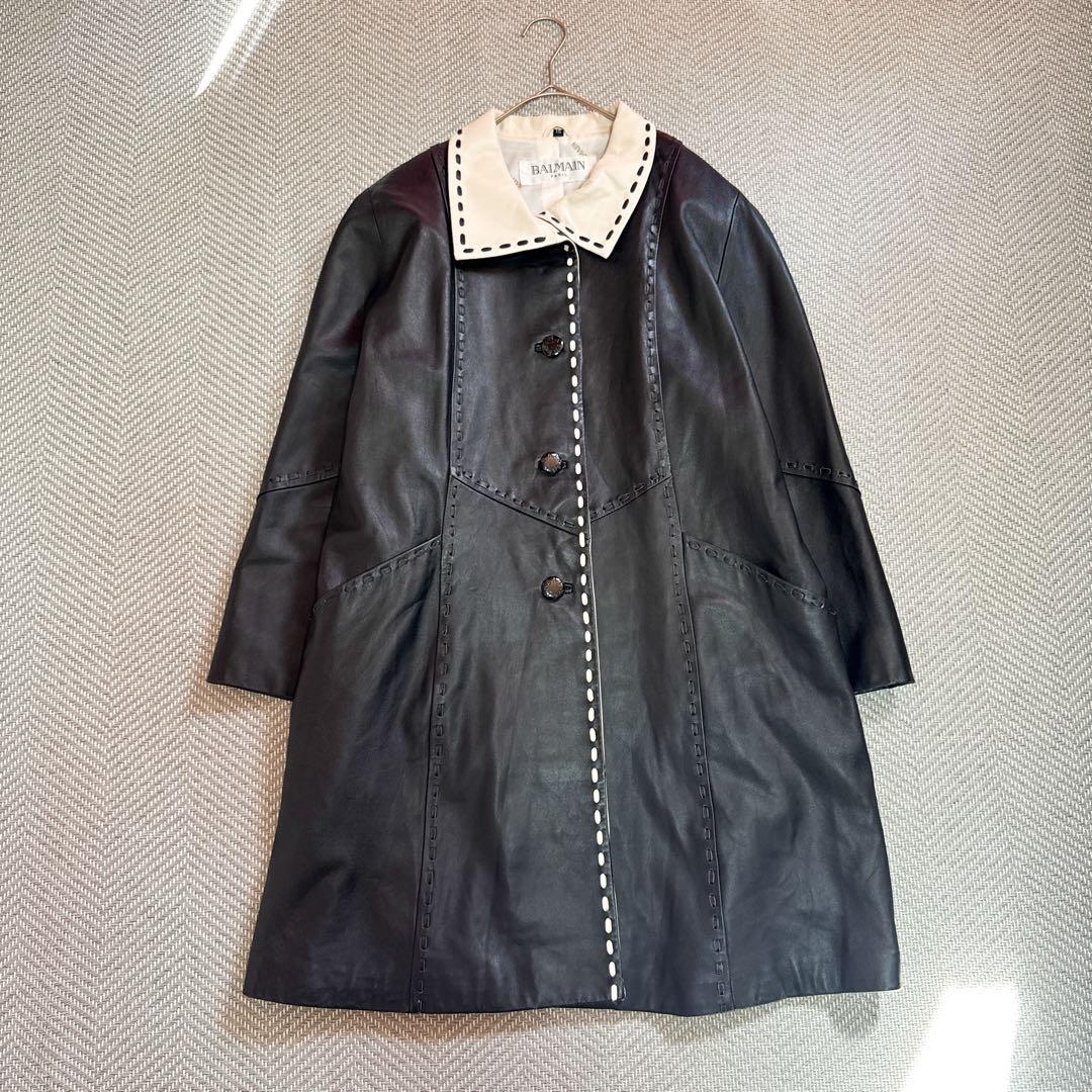 美品 BALMAIN 高級ラムレザー ロングコート モノトーン 白黒 2XL