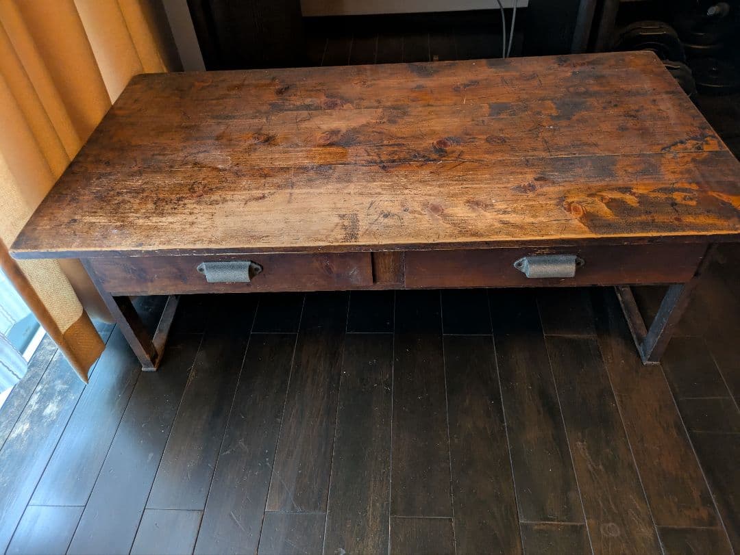 木製文机 2引き出し付き ダークブラウン　昭和レトロ