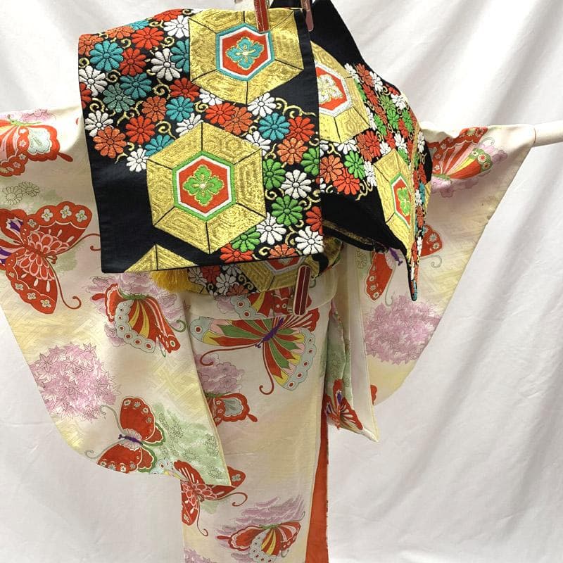 505aj76■ハーフ成人式 卒業式 十歳 女児 着物&袋帯 蝶■状態良好