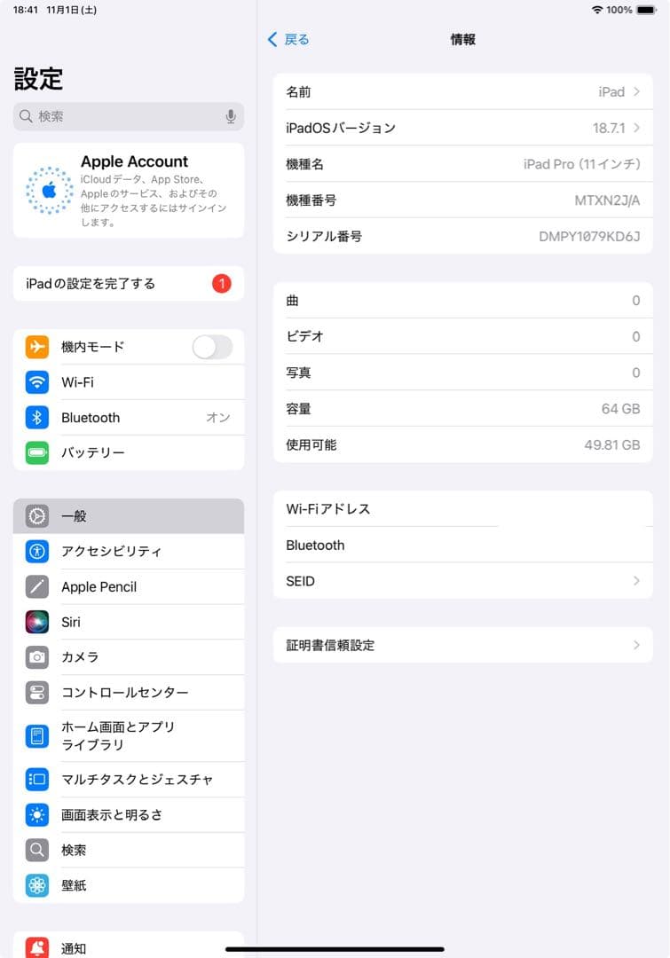 Apple iPad Pro(11インチ)シルバー 本体　箱付き