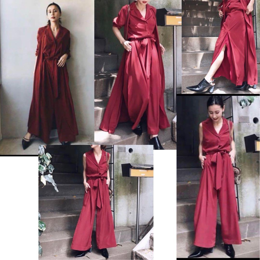 ⭐️美品アメリ シャイニーオールインワンつなぎwロングカーディガン上着　赤系