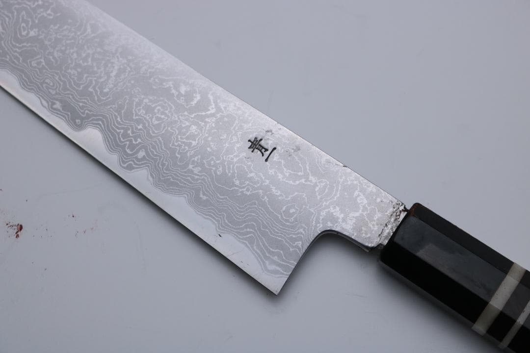 田中義一作 切付牛刀 和包丁 墨流 青一鋼 黒檀八角水牛 7寸 箱無し