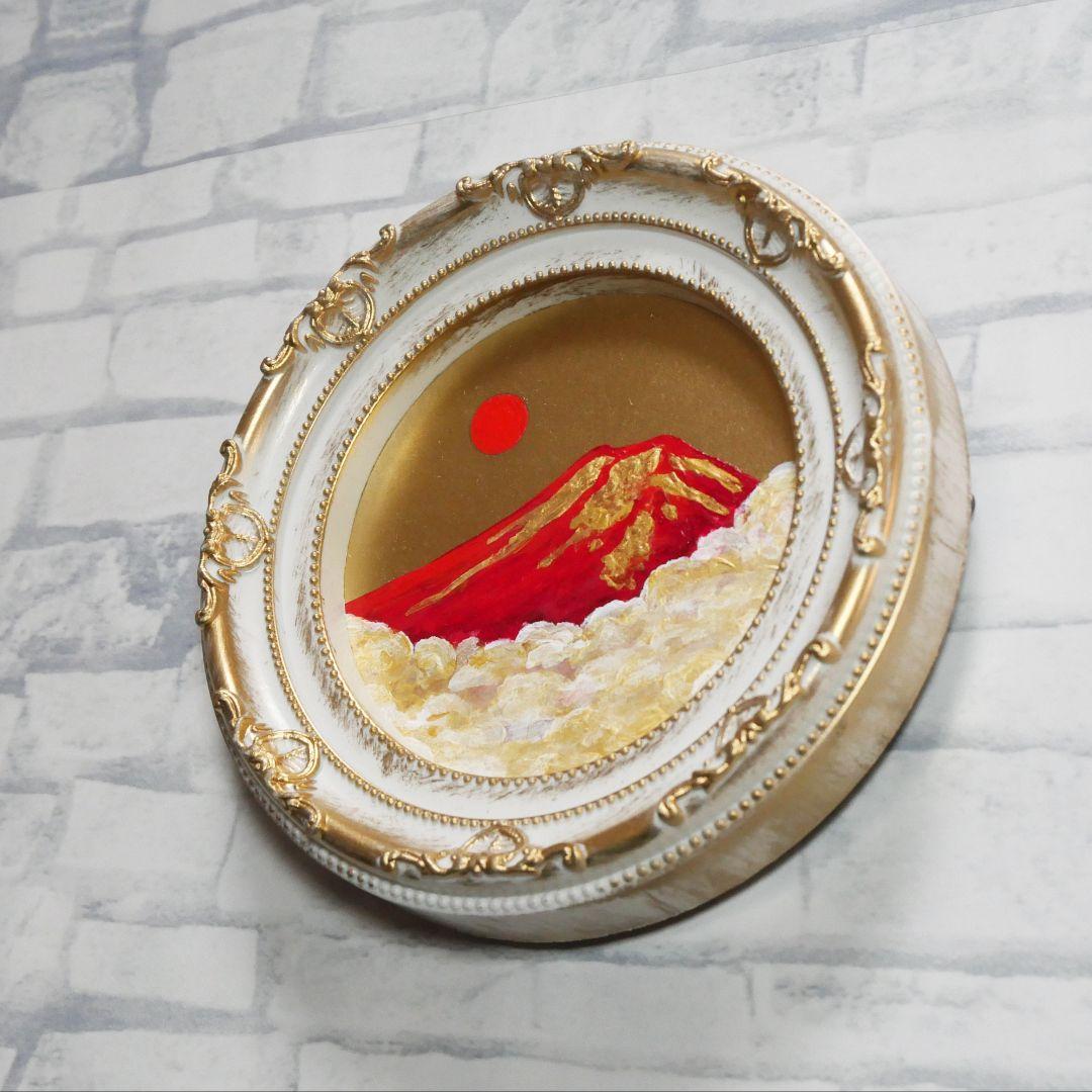 油絵 円形ミニ絵画【赤富士】【金】モダンインテリアアート