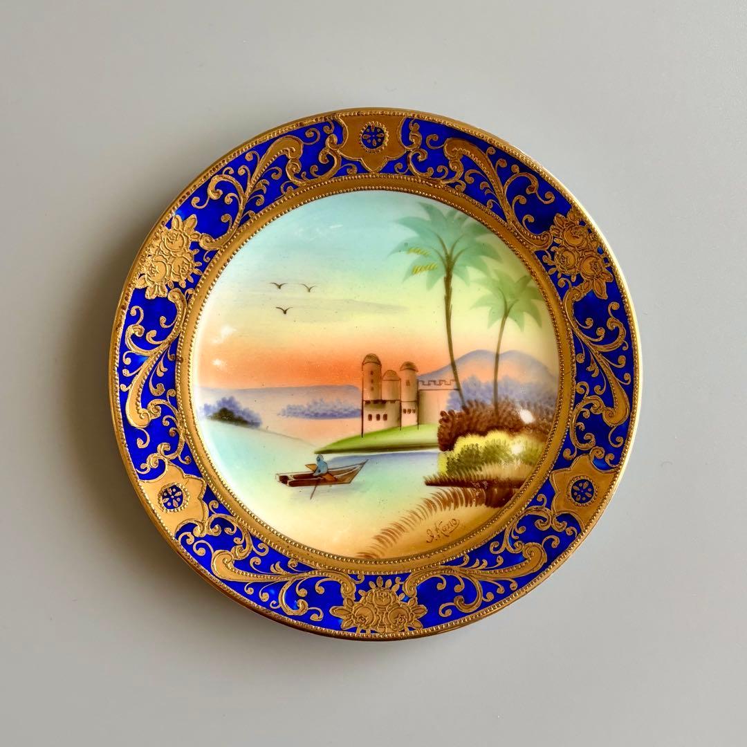 戦前期MEITO　手描き　豪奢な装飾絵皿　金彩xコバルトブルー　里帰り【稀少品】
